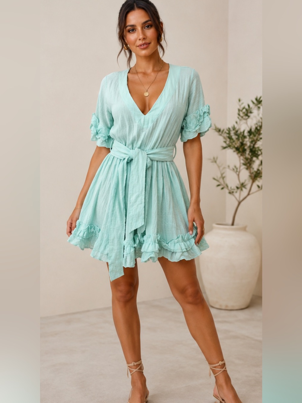 LAMANUEL THE LABEL Women’s Light Aqua Ruffle Mini Dress